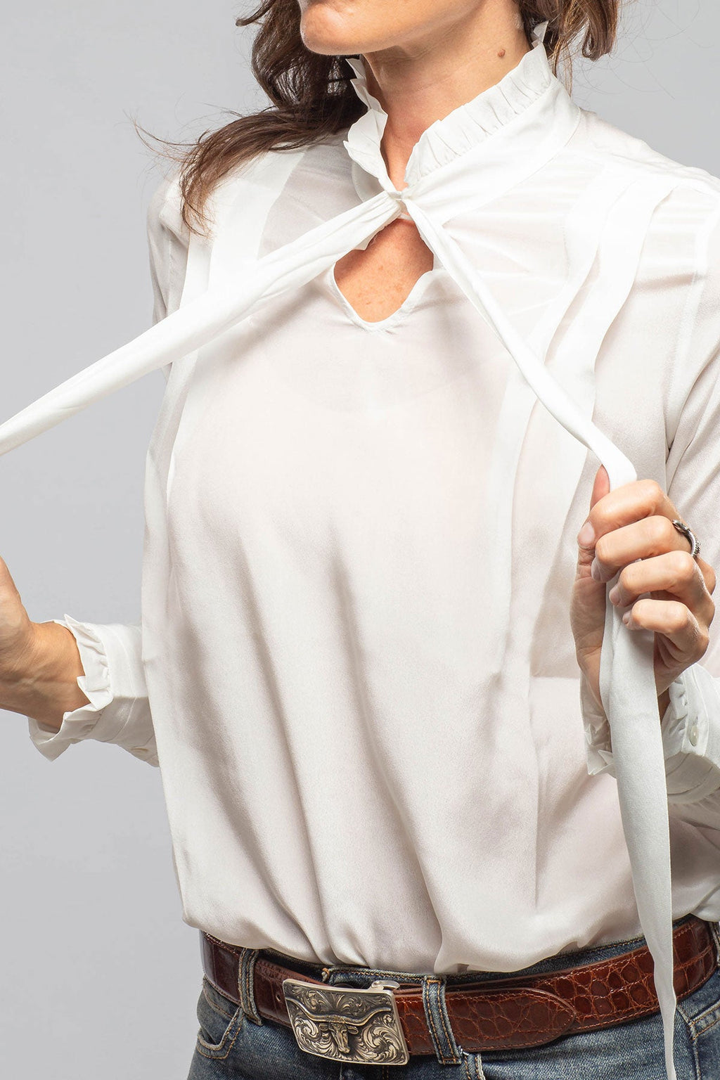 Pascal Silk Ruffle Tie Neck Blouse In White