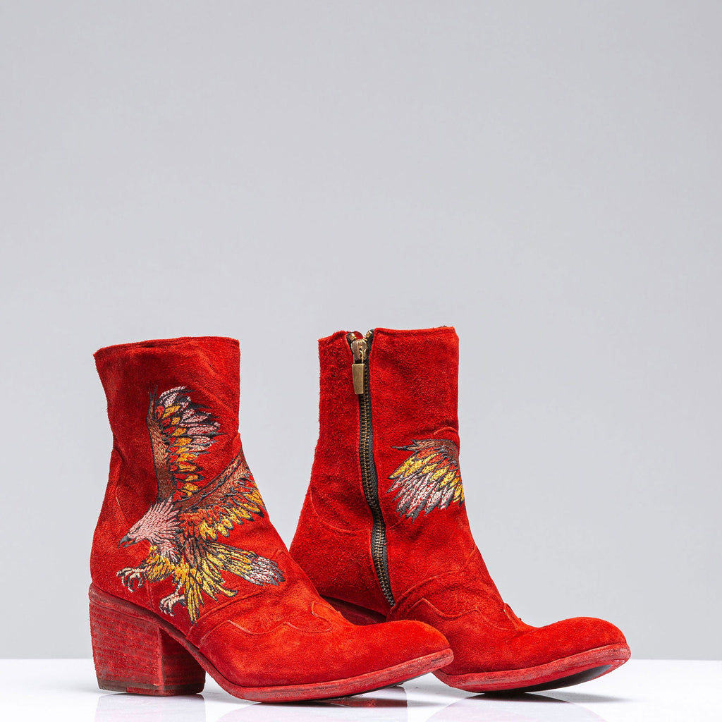 Eagle Embroidered Suede Boot In Rust
