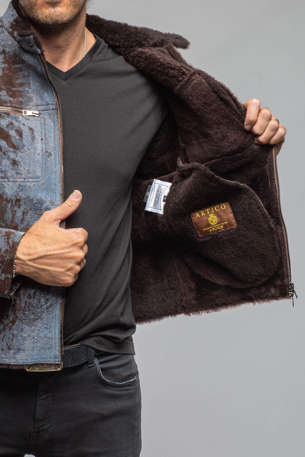 Jean Shearling Moto In Distressed Brown