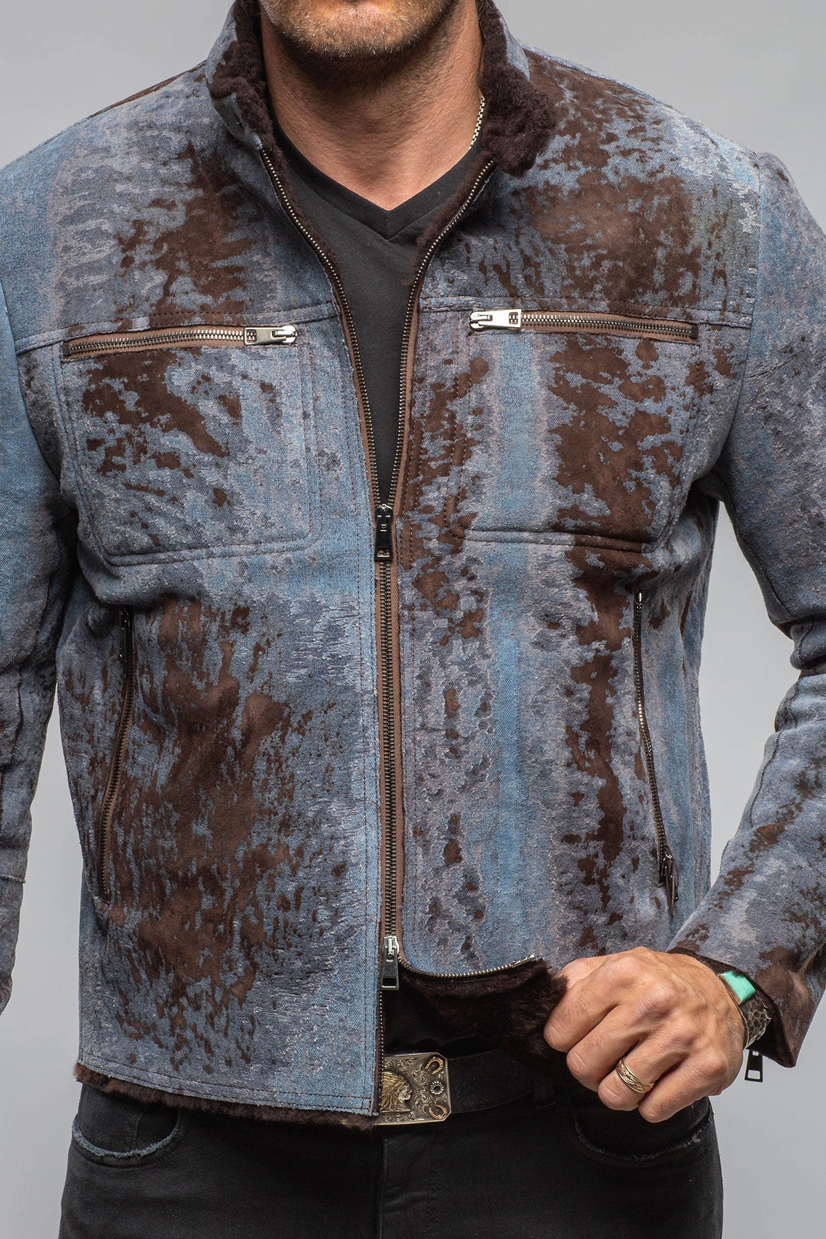 Jean Shearling Moto In Distressed Brown