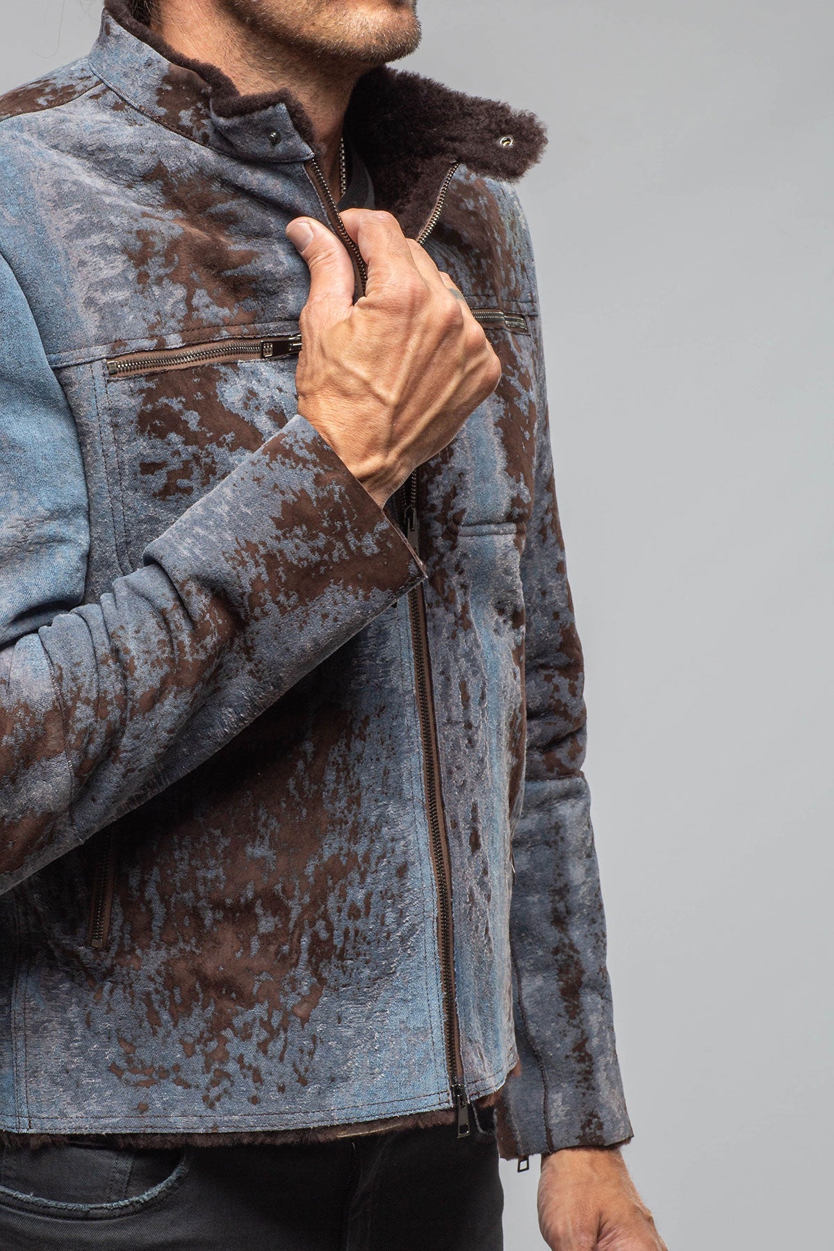 Jean Shearling Moto In Distressed Brown