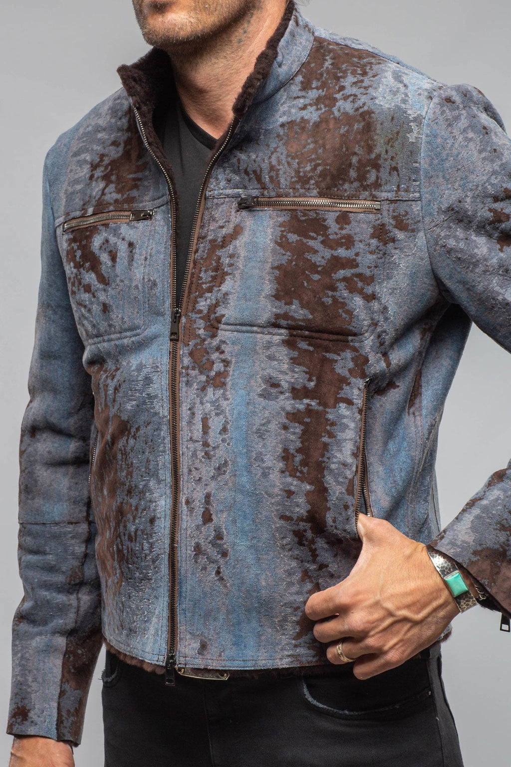 Jean Shearling Moto In Distressed Brown