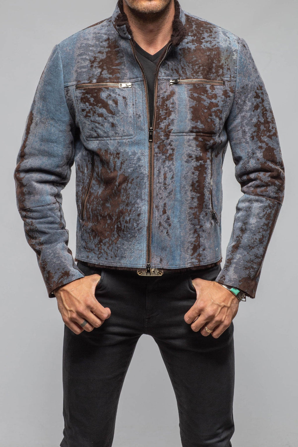 Jean Shearling Moto In Distressed Brown